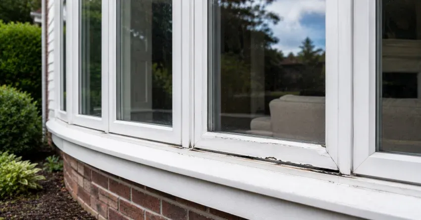 technician inspecting bow window frame and seal for damage in Grimsby