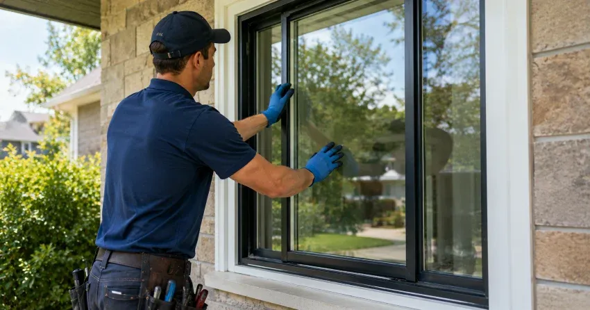 technician measuring a broken window pane for replacement in Grimsby Beach, Grimsby