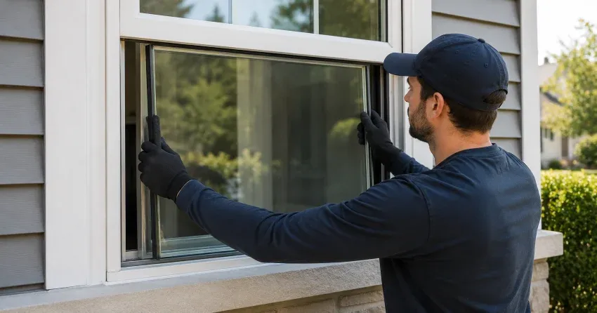 technician boarding up broken window during emergency glass repair Grimsby