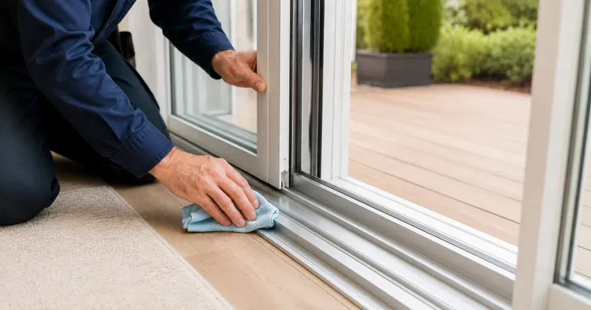 technician inspecting a sliding patio door track in Escarpment Area, Grimsby