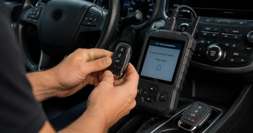 technician inspecting a worn car key before replacement in Grimsby