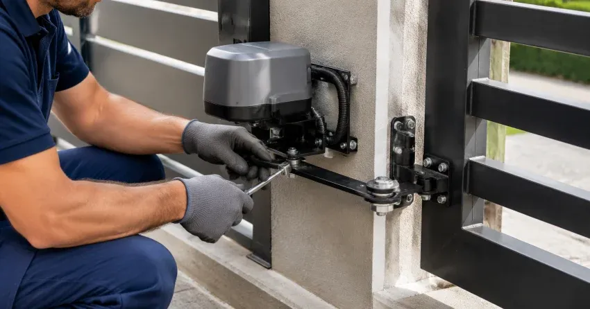 technician diagnosing automatic gate motor and control panel in Grimsby