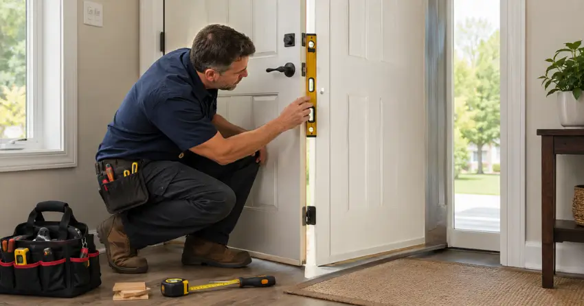 technician diagnosing a misaligned door frame in Rural Grimsby, Grimsby