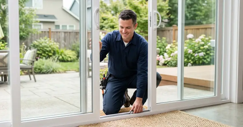 technician diagnosing a sticking patio door in Grimsby