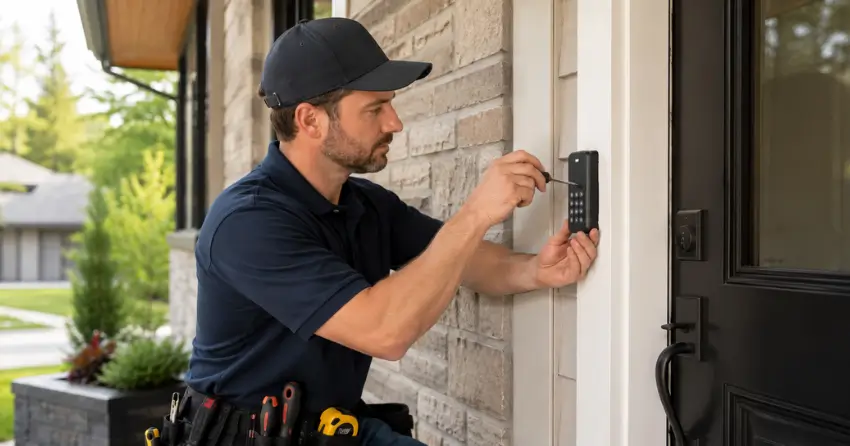 Technician installing an access control system keypad beside a residential front door in Grimsby