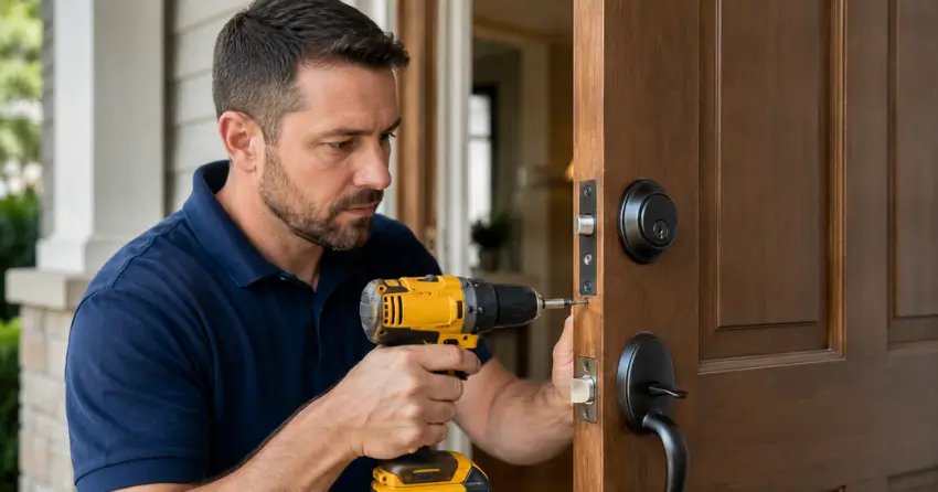 technician installing a new deadbolt during Change Door Lock Grimsby service