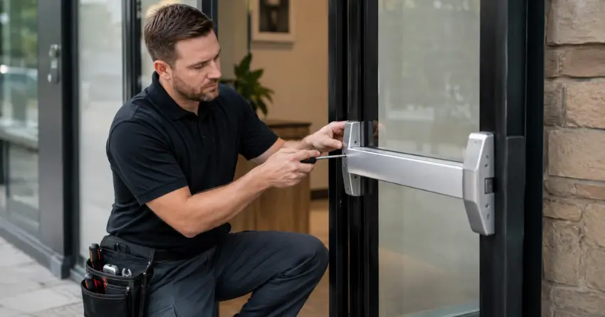 commercial locksmith repairing exit device on storefront door Rural Grimsby, Grimsby