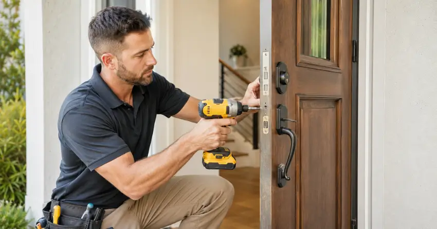 locksmith installing new deadbolt lock on front door in Grimsby