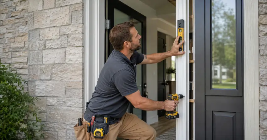 technician installing a new exterior door frame in Grimsby