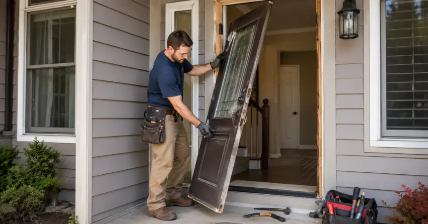 old exterior door being removed for replacement in Grimsby