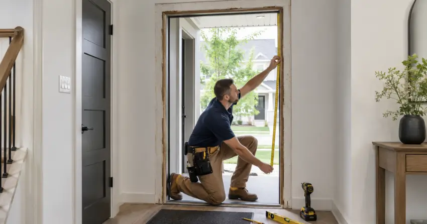 technician measuring a door frame before new door installation in Grimsby