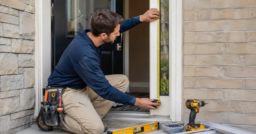technician measuring door frame before storm door install in Grimsby