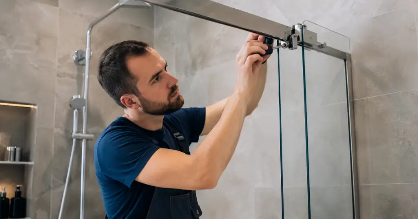 technician adjusting shower door hinge and track in Rural Grimsby, Grimsby