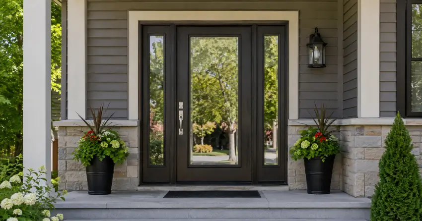 glass entry door with sidelights on a home in Waterfront Grimsby, Grimsby