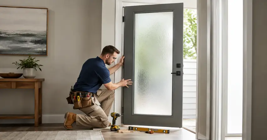 glass panel door installation with frosted privacy glass in residential setting in Rural Grimsby, Grimsby