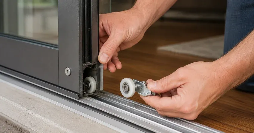 sliding door alignment Grimsby technician adjusting roller track