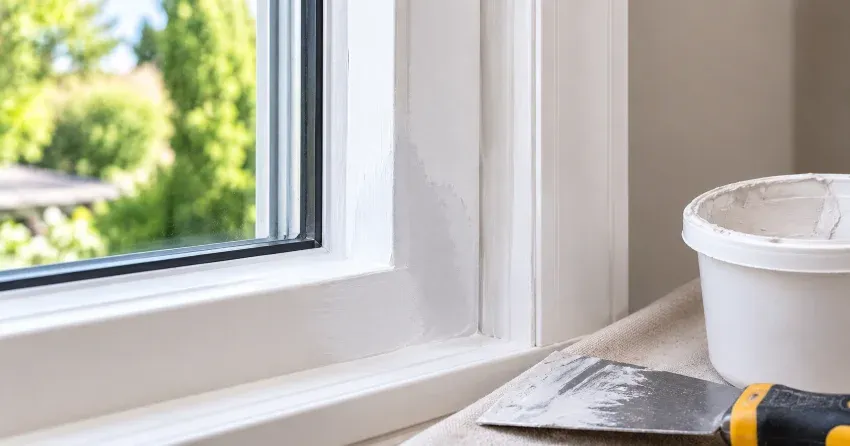 technician repairing rotted window frame corner in Grimsby