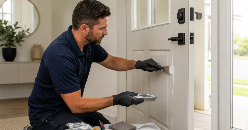 technician repairing fiberglass door surface crack in Lakeview, Grimsby