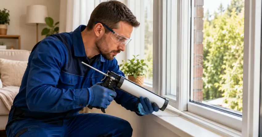 technician repairing window seal and frame in Lakeview, Grimsby