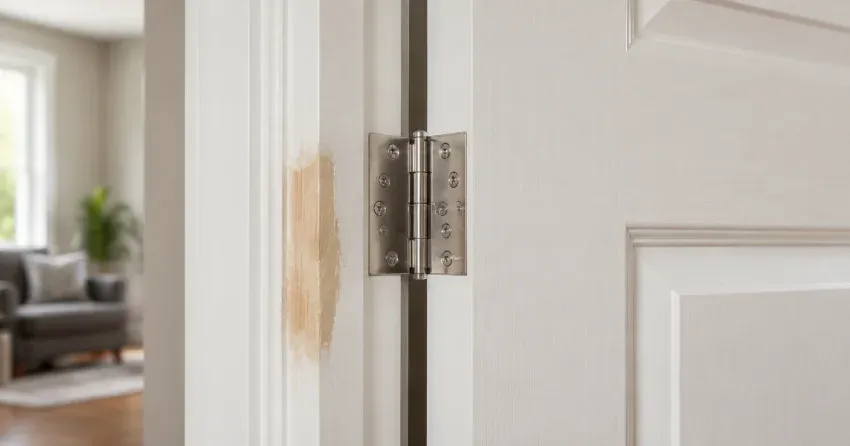 technician checking a warped door against a straightedge in Grimsby