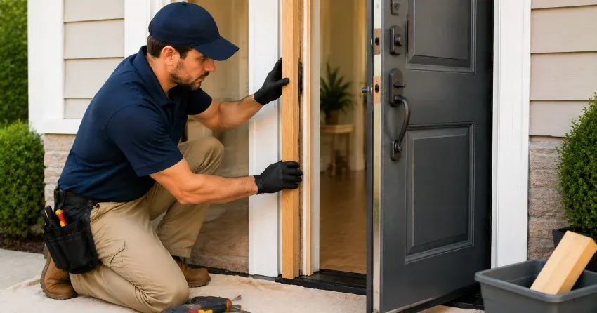 technician inspecting damaged door frame corner in Grimsby Beach, Grimsby