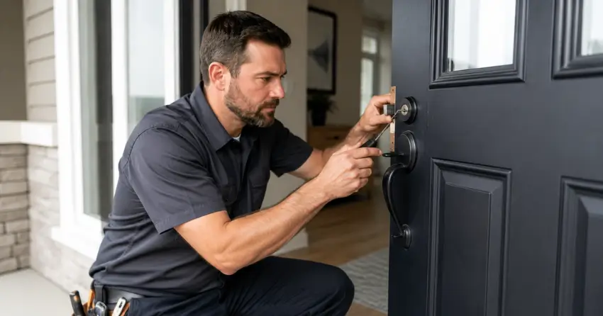 licensed locksmith technician working on residential deadbolt in Grimsby