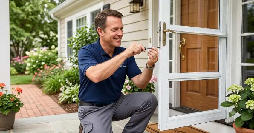 technician adjusting storm door hinge and closer in Waterfront Grimsby, Grimsby