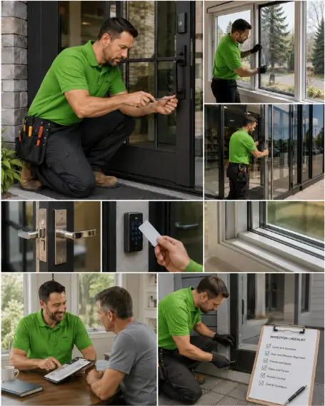 A technician adjusting a patio door roller assembly on site